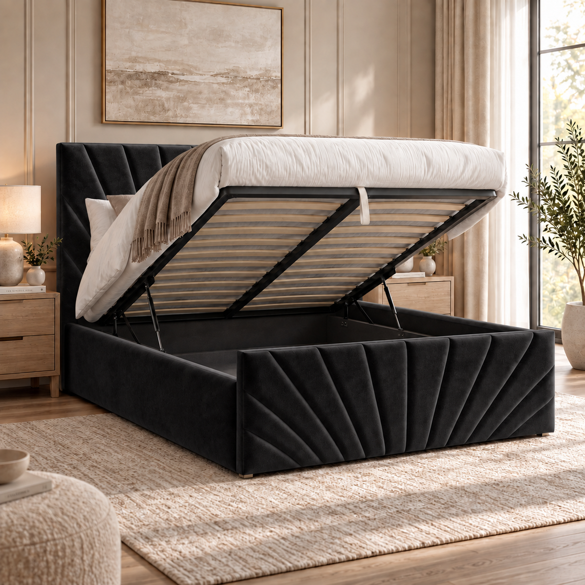 Alexander plush velvet ottoman sleigh bed in black - secondary view