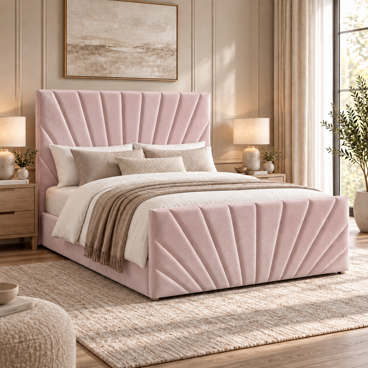 Alexander plush velvet ottoman sleigh bed in blush pink