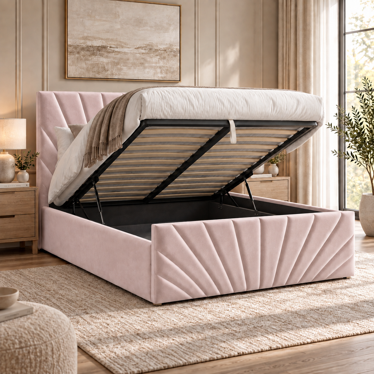 Alexander plush velvet ottoman sleigh bed in blush pink - secondary view