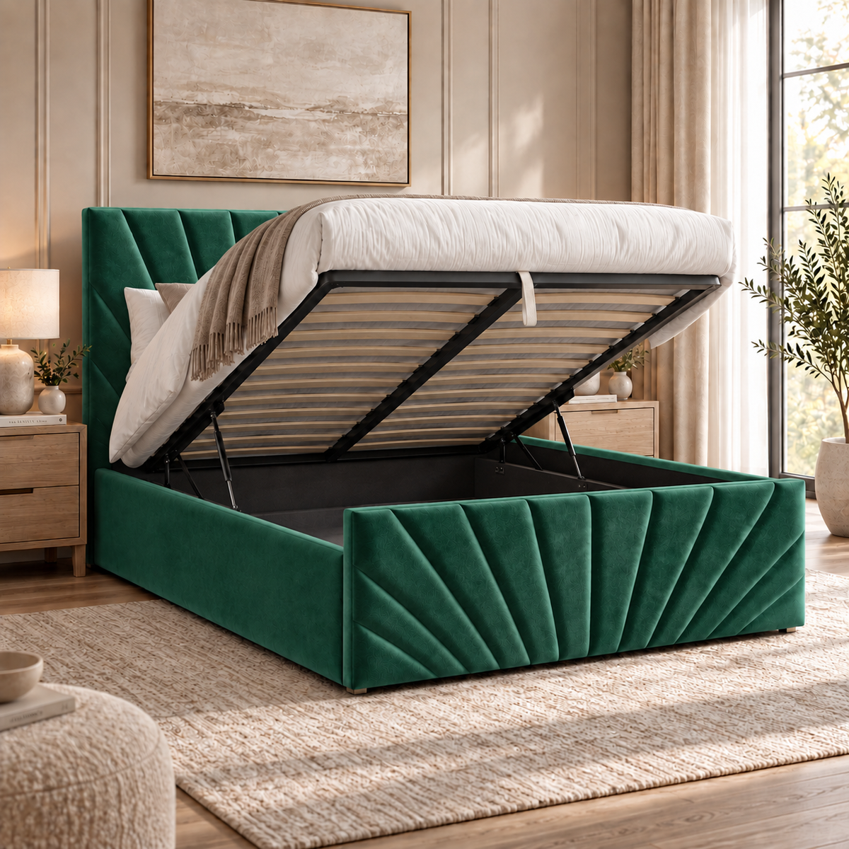 Alexander plush velvet ottoman sleigh bed in emerald green - secondary view