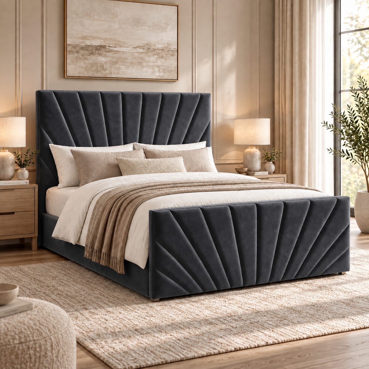 Alexander plush velvet ottoman sleigh bed in grey
