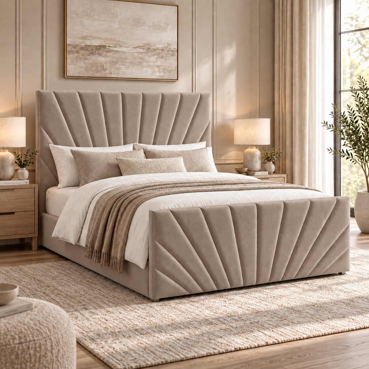 Alexander plush velvet ottoman sleigh bed in mink