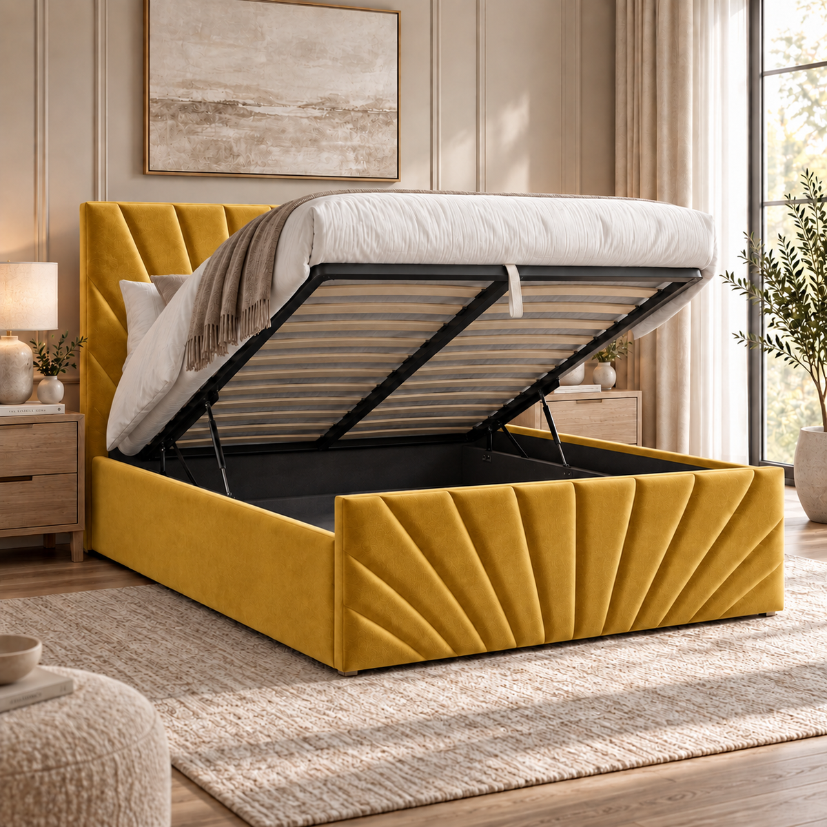 Alexander plush velvet ottoman sleigh bed in mustard - secondary view