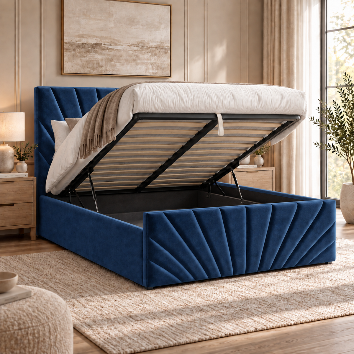 Alexander plush velvet ottoman sleigh bed in navy - secondary view