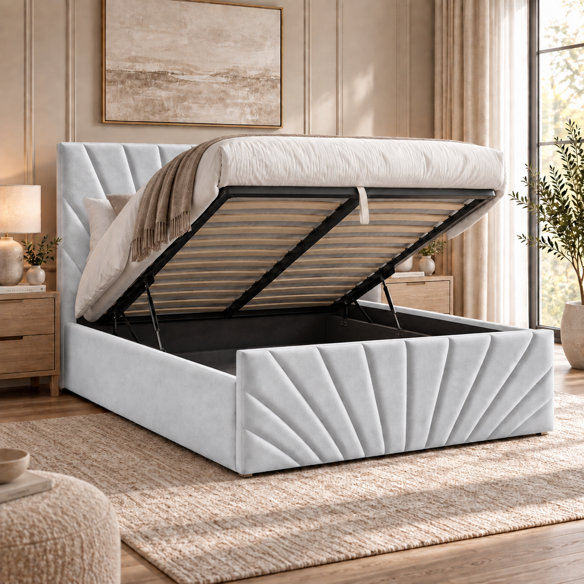 Alexander plush velvet ottoman sleigh bed in silver - secondary view
