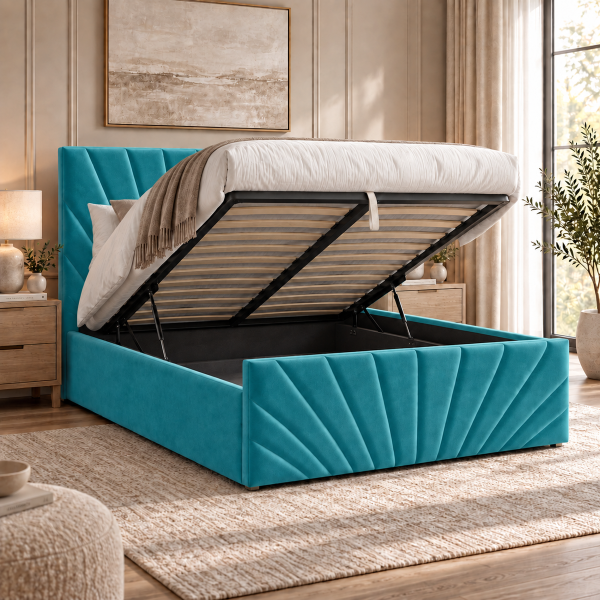 Alexander plush velvet ottoman sleigh bed in turquoise - secondary view