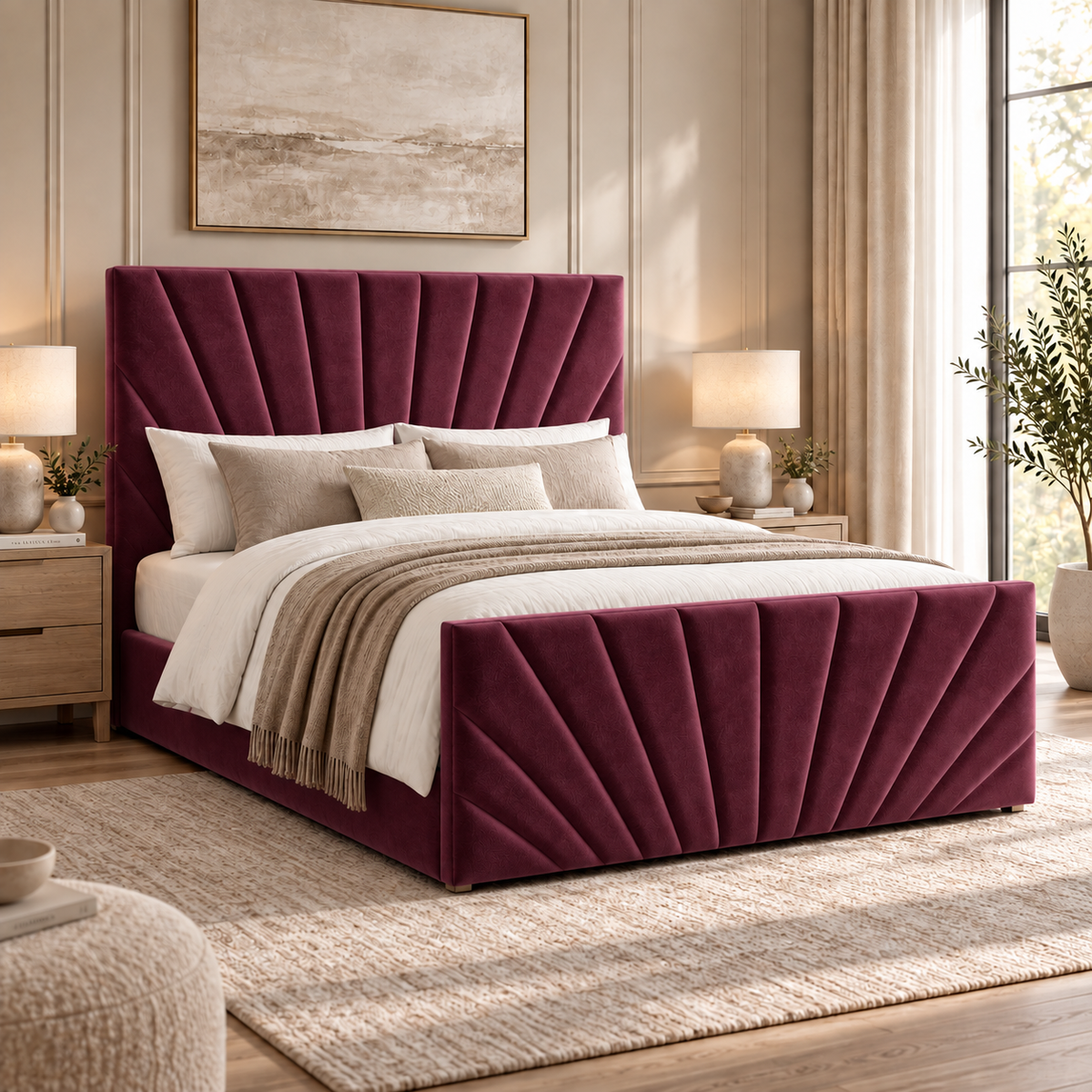 Alexander plush velvet ottoman sleigh bed in wine