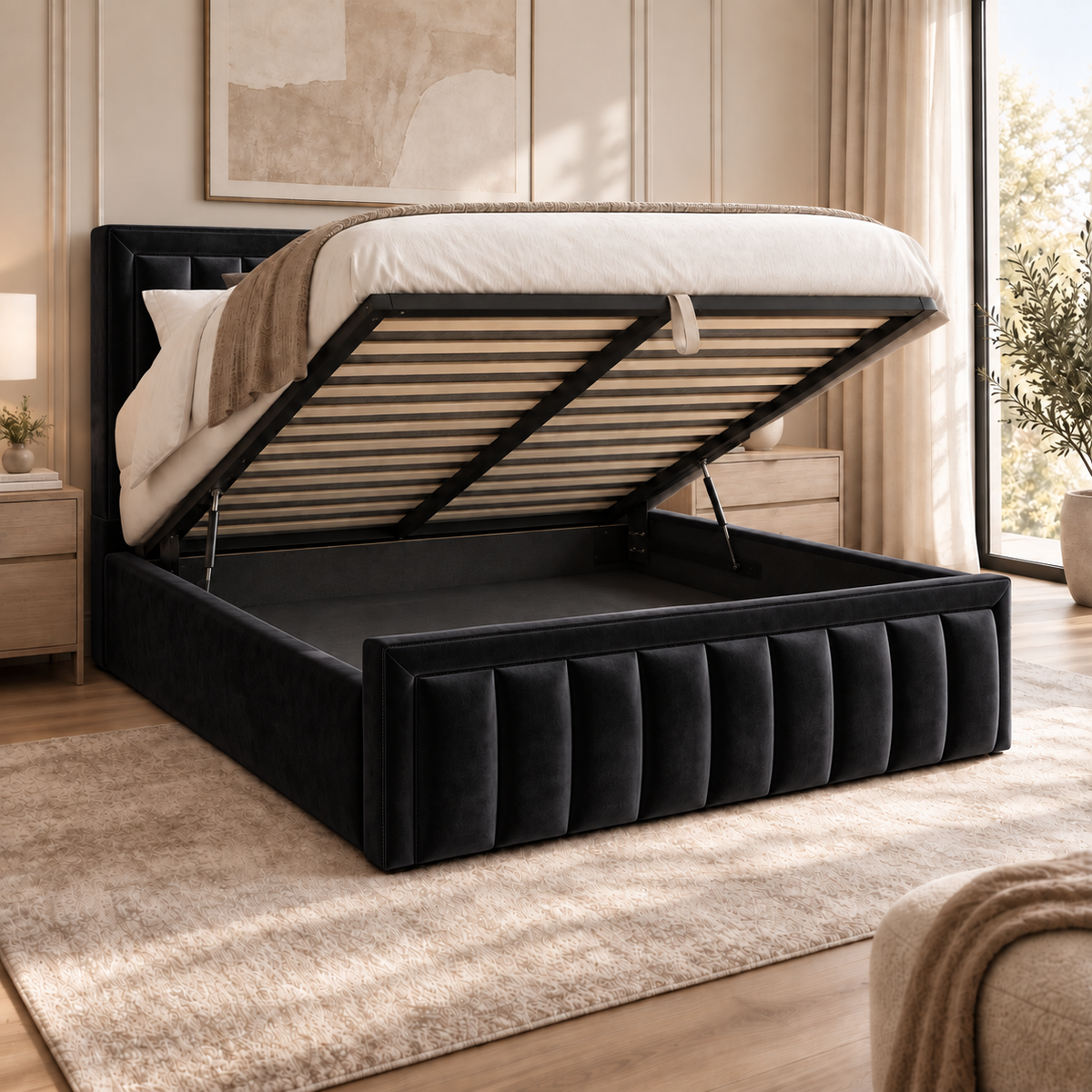 Aria plush velvet ottoman sleigh bed in black - secondary view