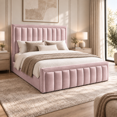 Aria plush velvet ottoman sleigh bed in blush pink