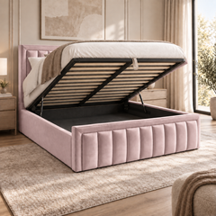 Aria plush velvet ottoman sleigh bed in blush pink - secondary view