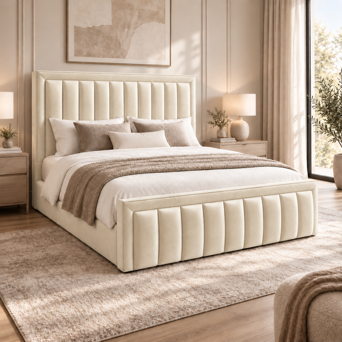 Aria plush velvet ottoman sleigh bed in cream