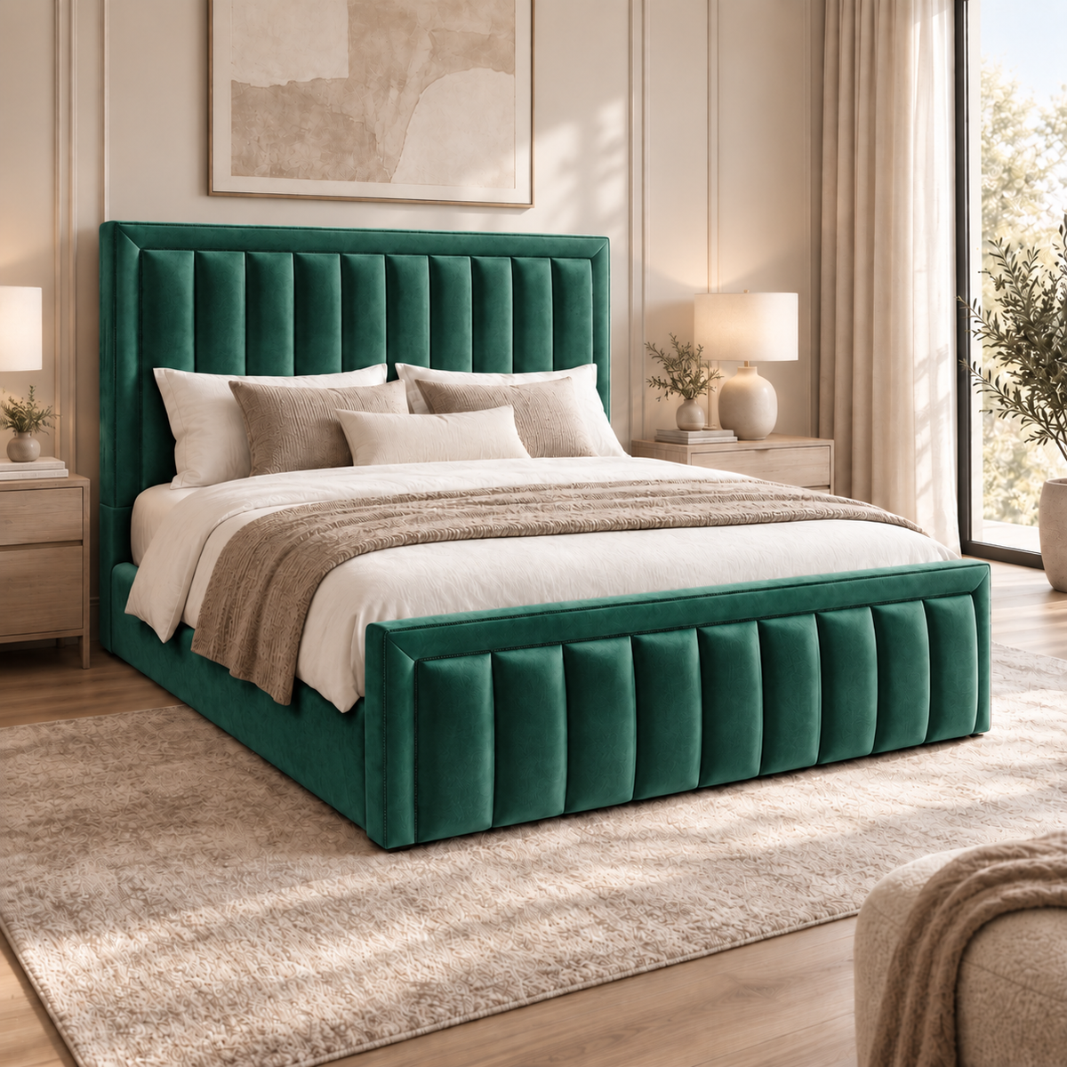 Aria plush velvet ottoman sleigh bed in emerald green