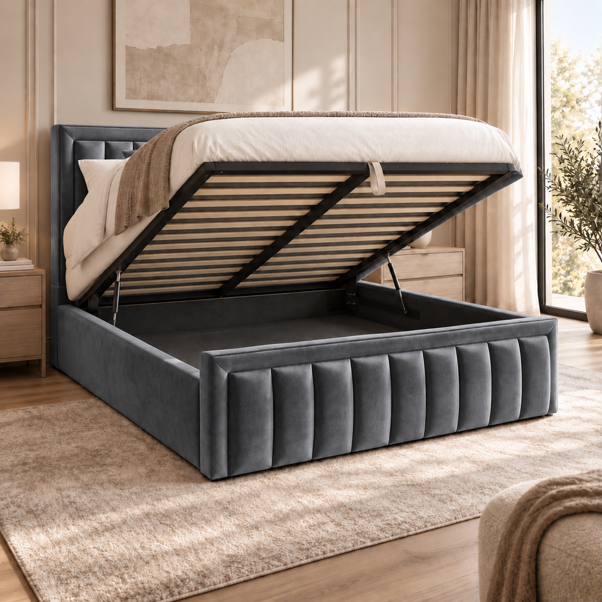 Aria plush velvet ottoman sleigh bed in grey - secondary view