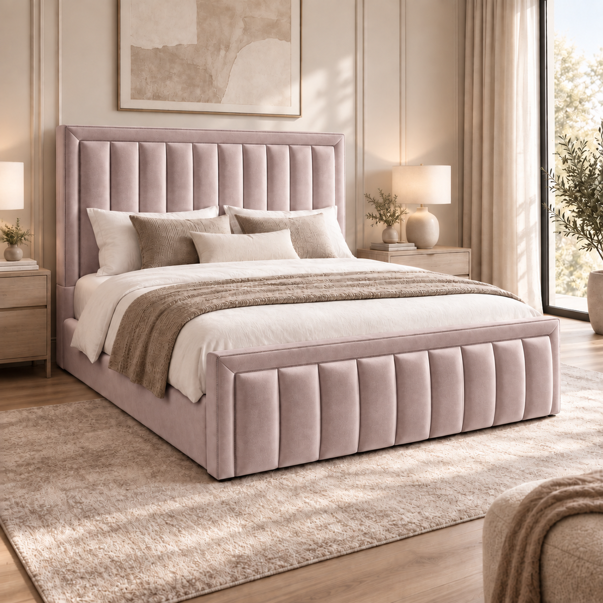 Aria plush velvet ottoman sleigh bed in mink