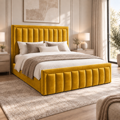 Aria plush velvet ottoman sleigh bed in mustard