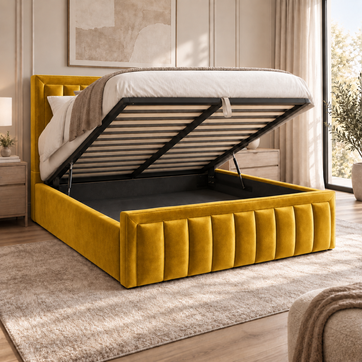 Aria plush velvet ottoman sleigh bed in mustard - secondary view