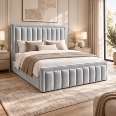 Aria plush velvet ottoman sleigh bed in silver