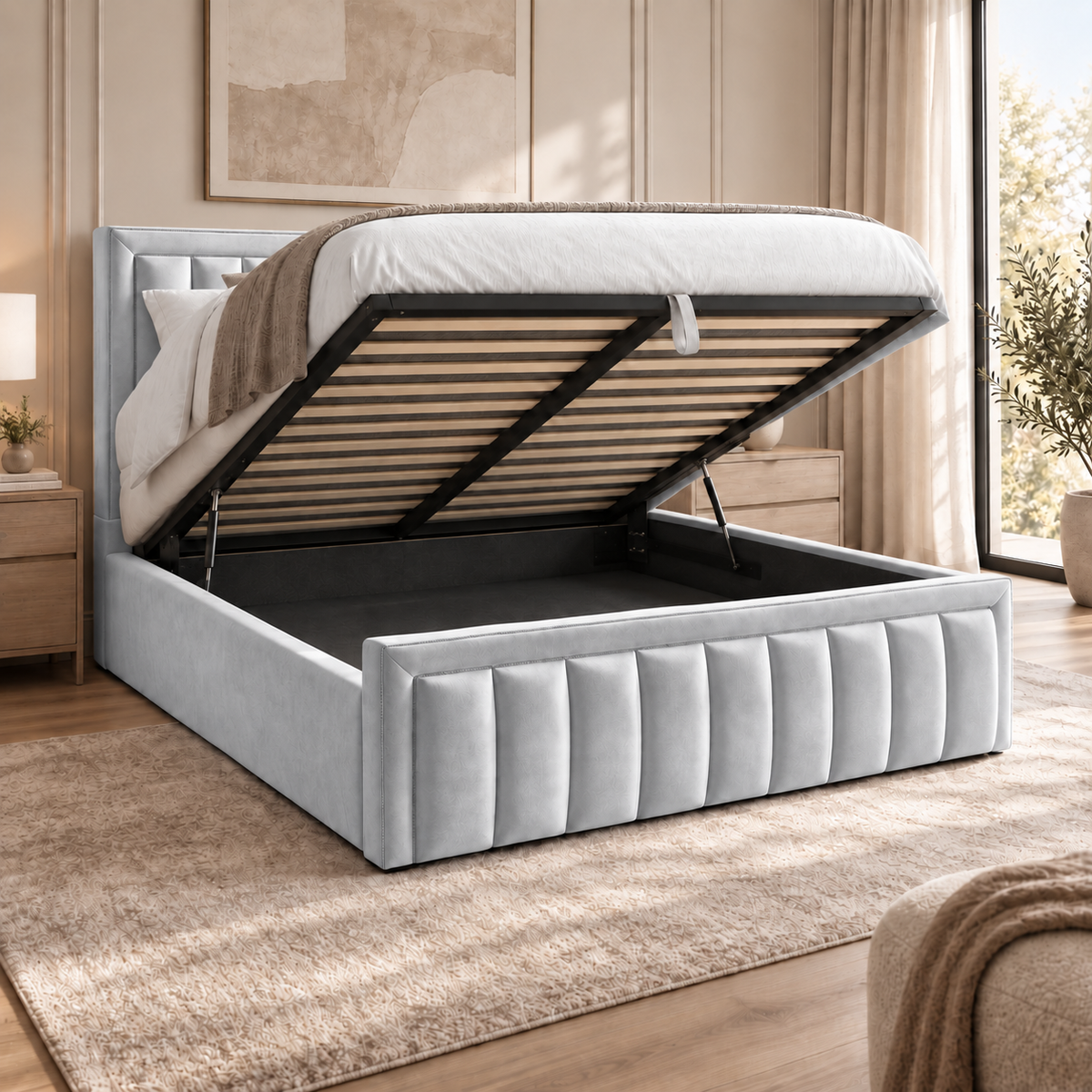 Aria plush velvet ottoman sleigh bed in silver - secondary view