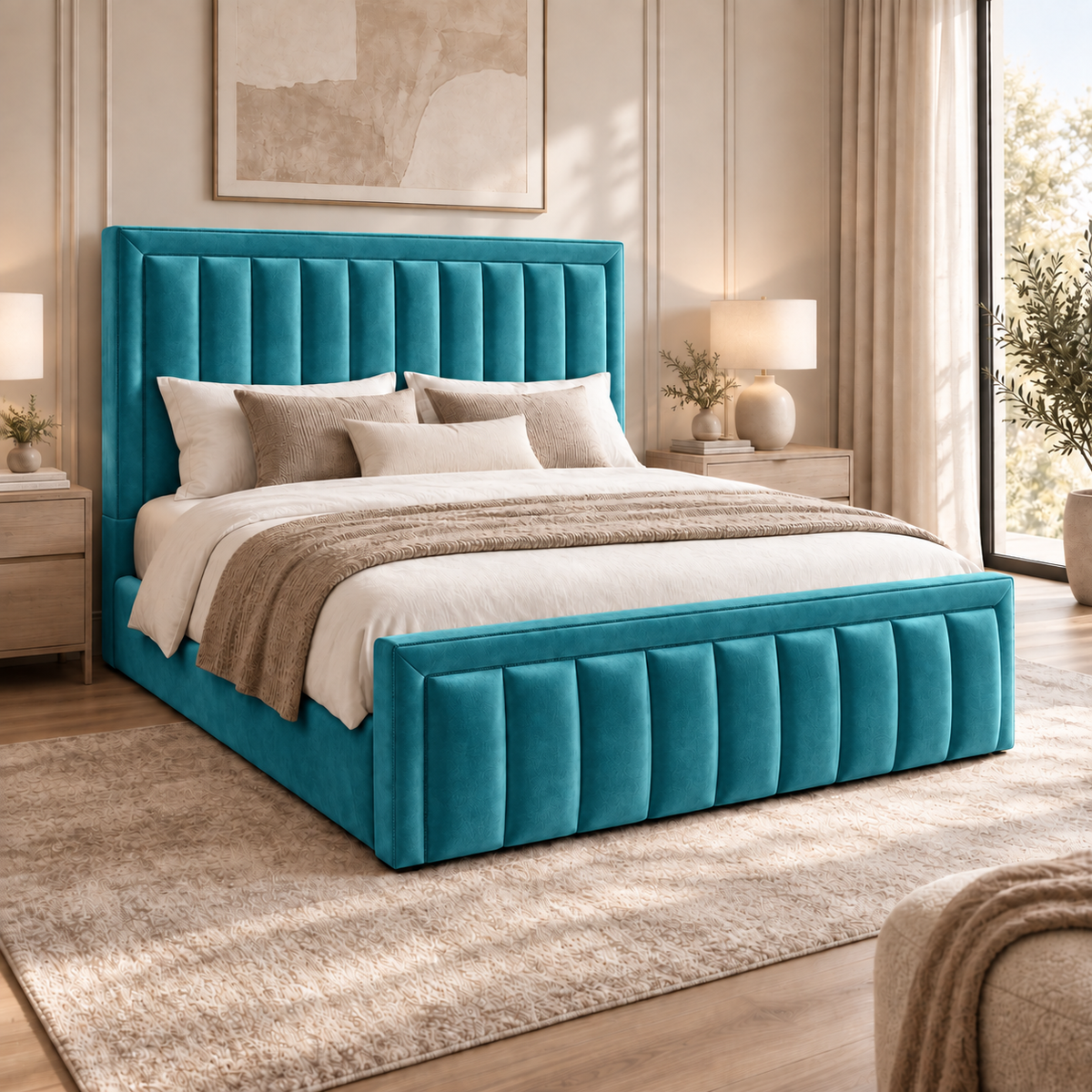 Aria plush velvet ottoman sleigh bed in turquoise