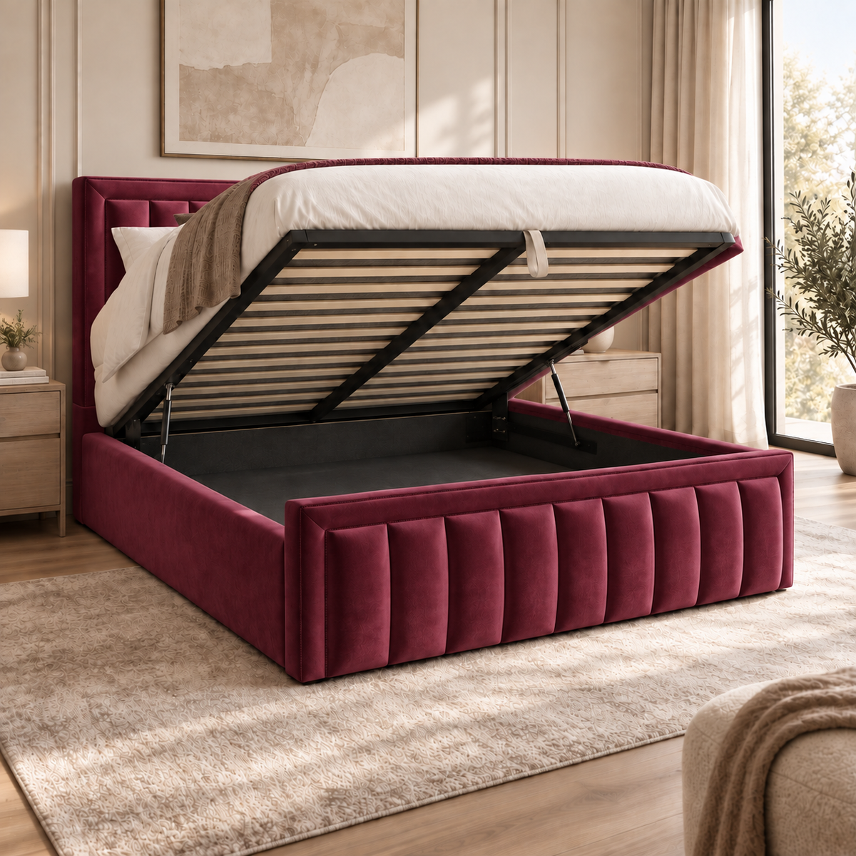 Aria plush velvet ottoman sleigh bed in wine - secondary view