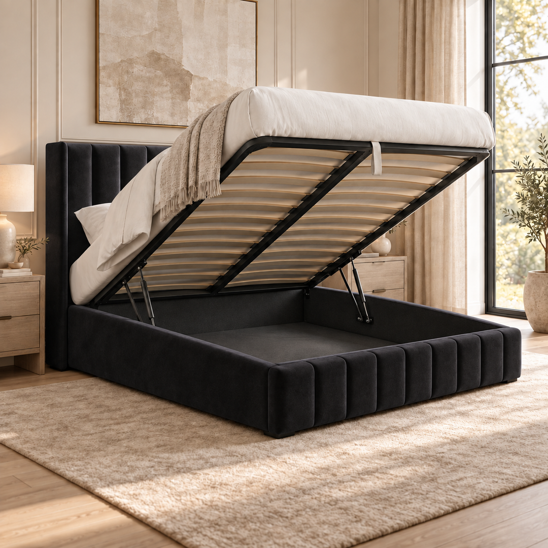 Kensington plush velvet ottoman sleigh bed in black - alternate view