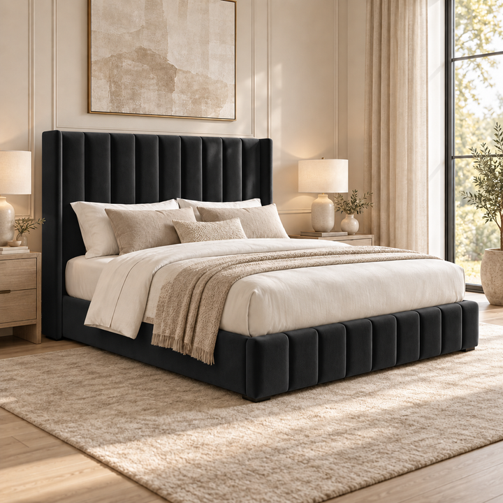 Kensington plush velvet ottoman sleigh bed in black