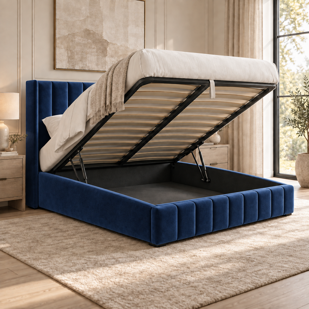 Kensington plush velvet ottoman sleigh bed in navy - alternate view