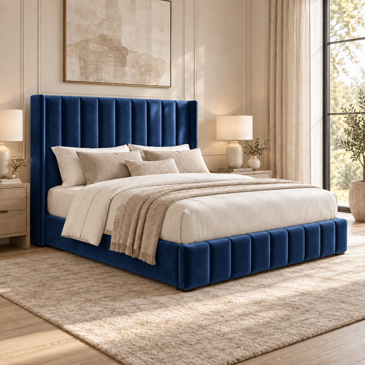 Kensington plush velvet ottoman sleigh bed in navy
