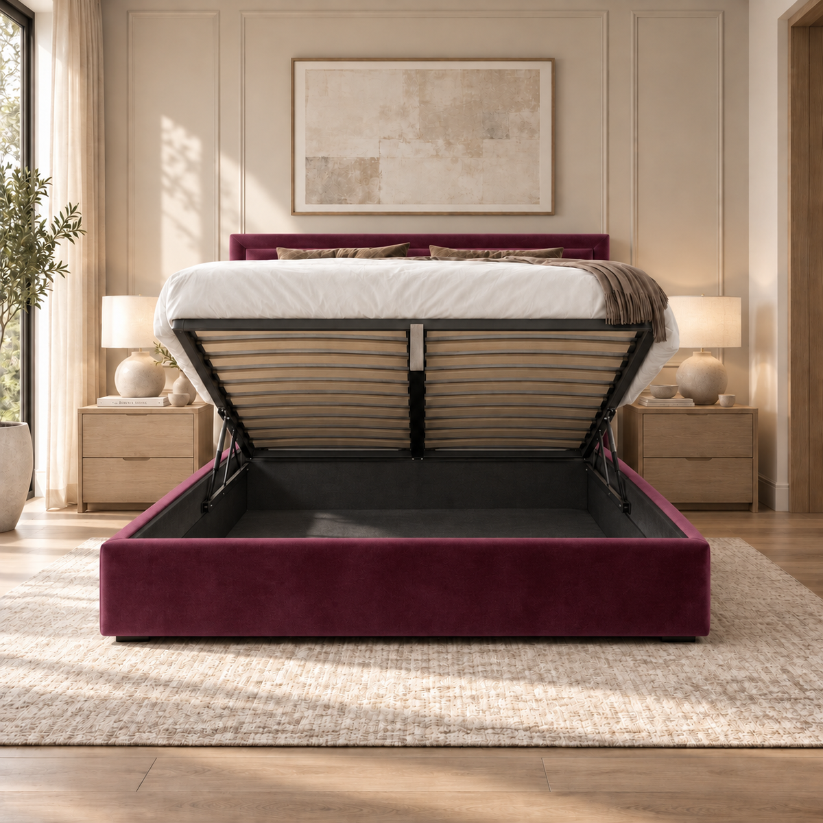 Marylebone plush velvet ottoman sleigh bed in wine - secondary view