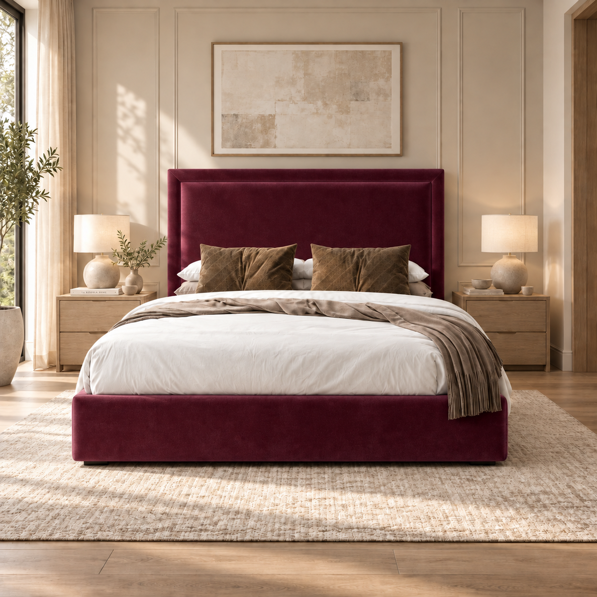 Sloane plush velvet ottoman sleigh bed in wine