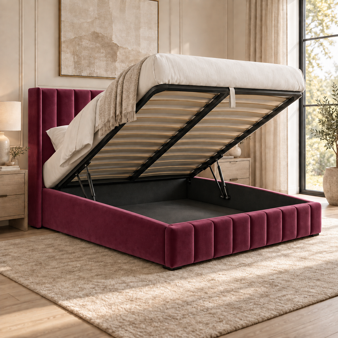 Kensington plush velvet ottoman sleigh bed in wine - alternate view
