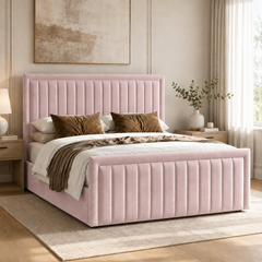 Belgravia plush velvet ottoman sleigh bed in blush pink
