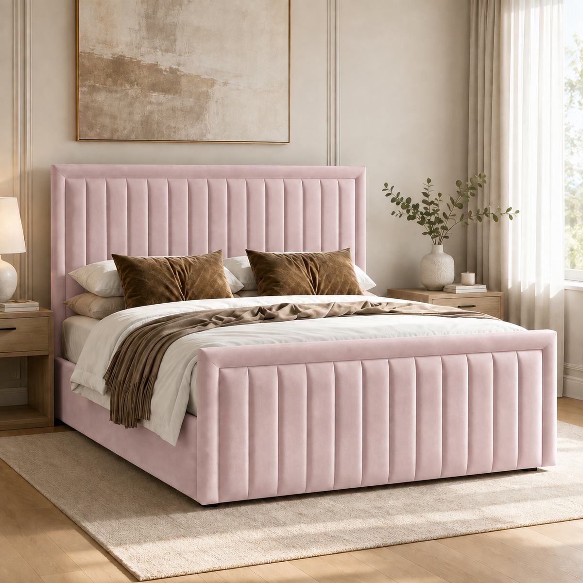 Belgravia plush velvet ottoman sleigh bed in blush pink