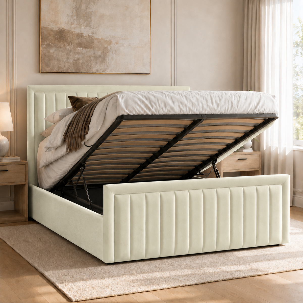 Belgravia plush velvet ottoman sleigh bed in cream - secondary view