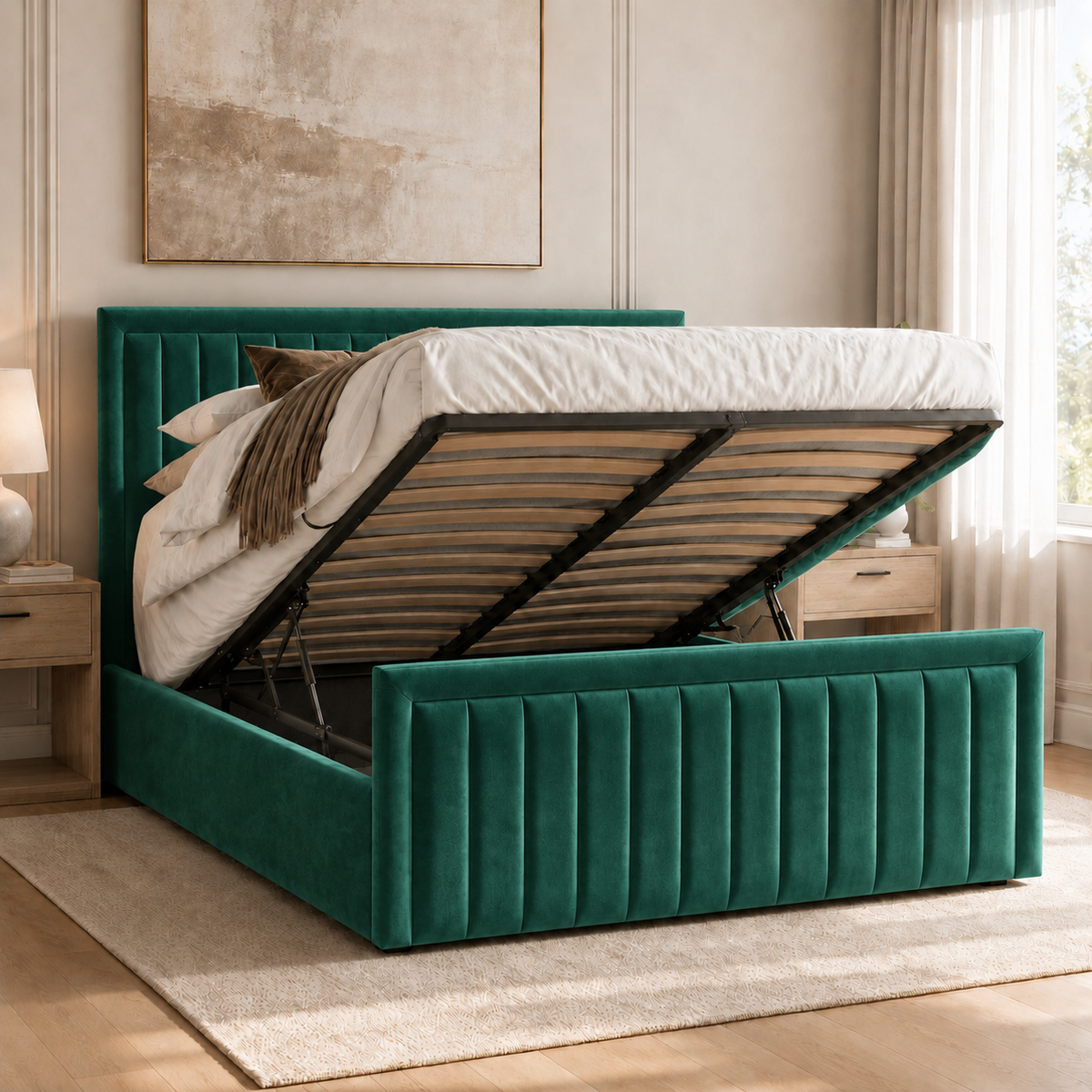 Belgravia plush velvet ottoman sleigh bed in emerald green - secondary view