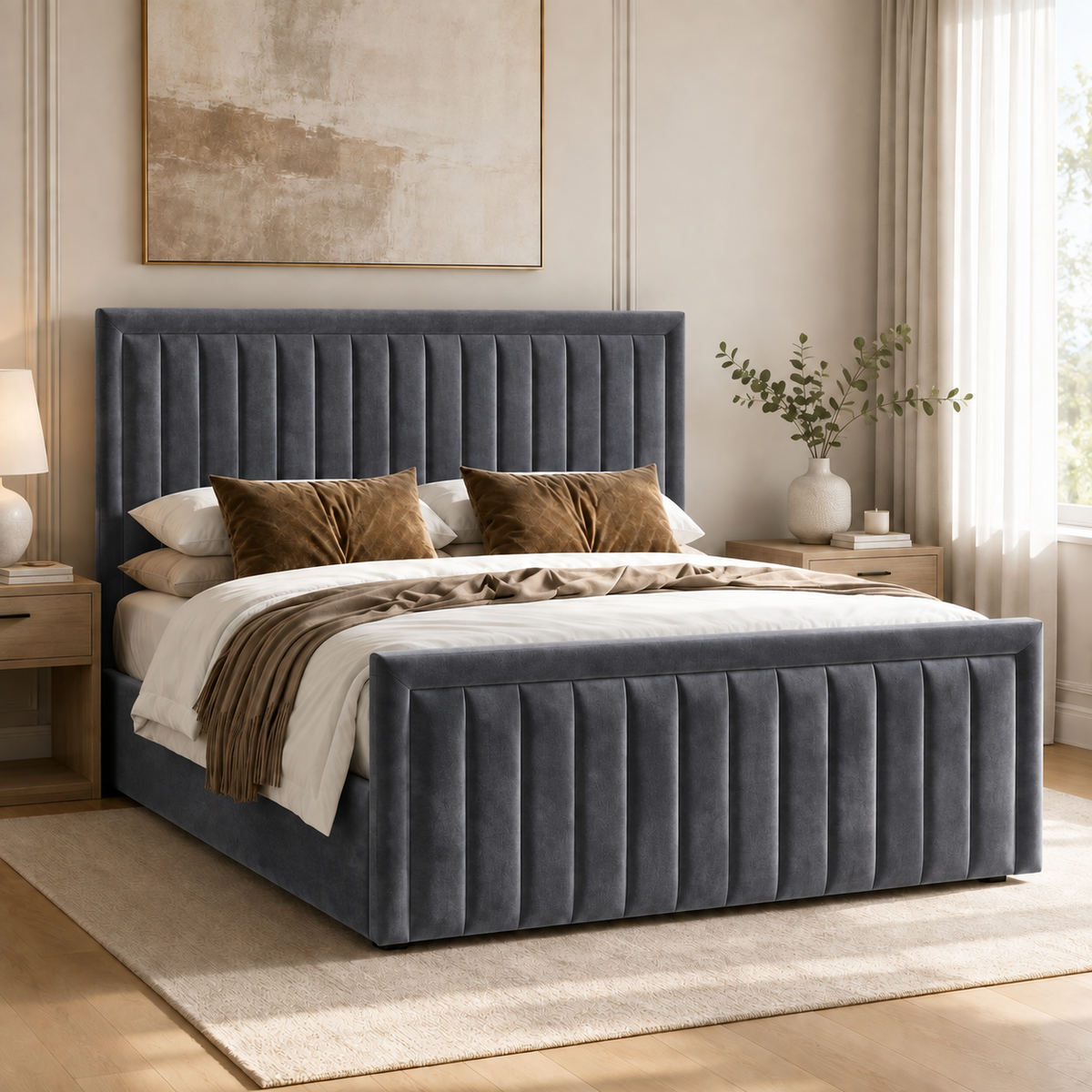 Belgravia plush velvet ottoman sleigh bed in grey