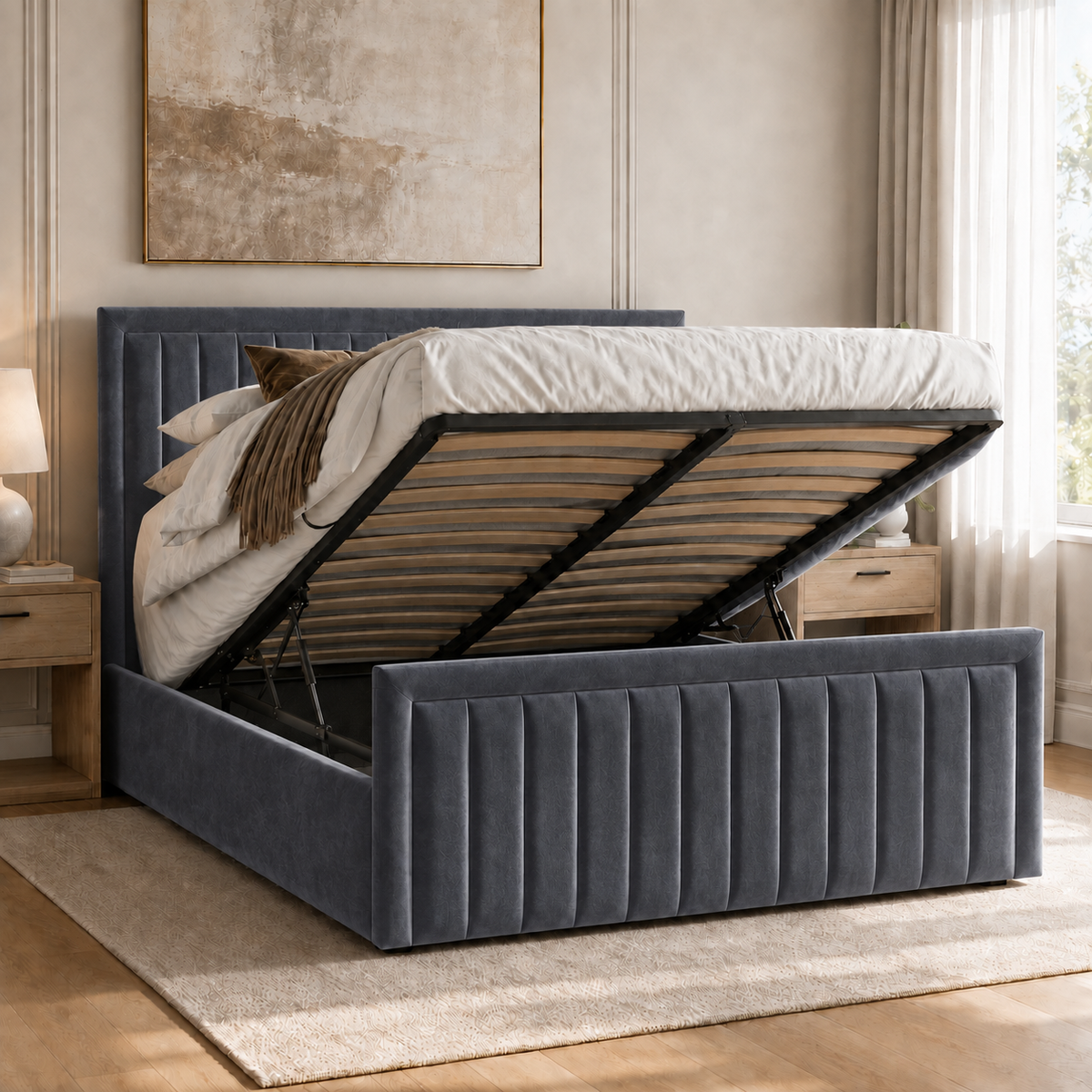 Belgravia plush velvet ottoman sleigh bed in grey - secondary view