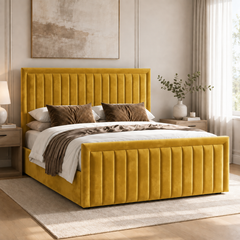 Belgravia plush velvet ottoman sleigh bed in mustard