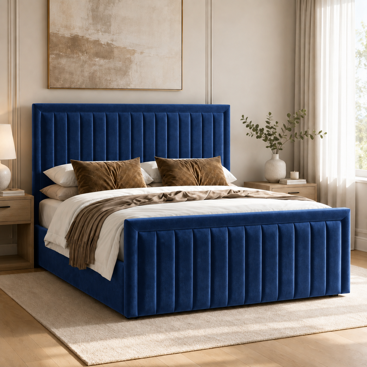 Belgravia plush velvet ottoman sleigh bed in navy