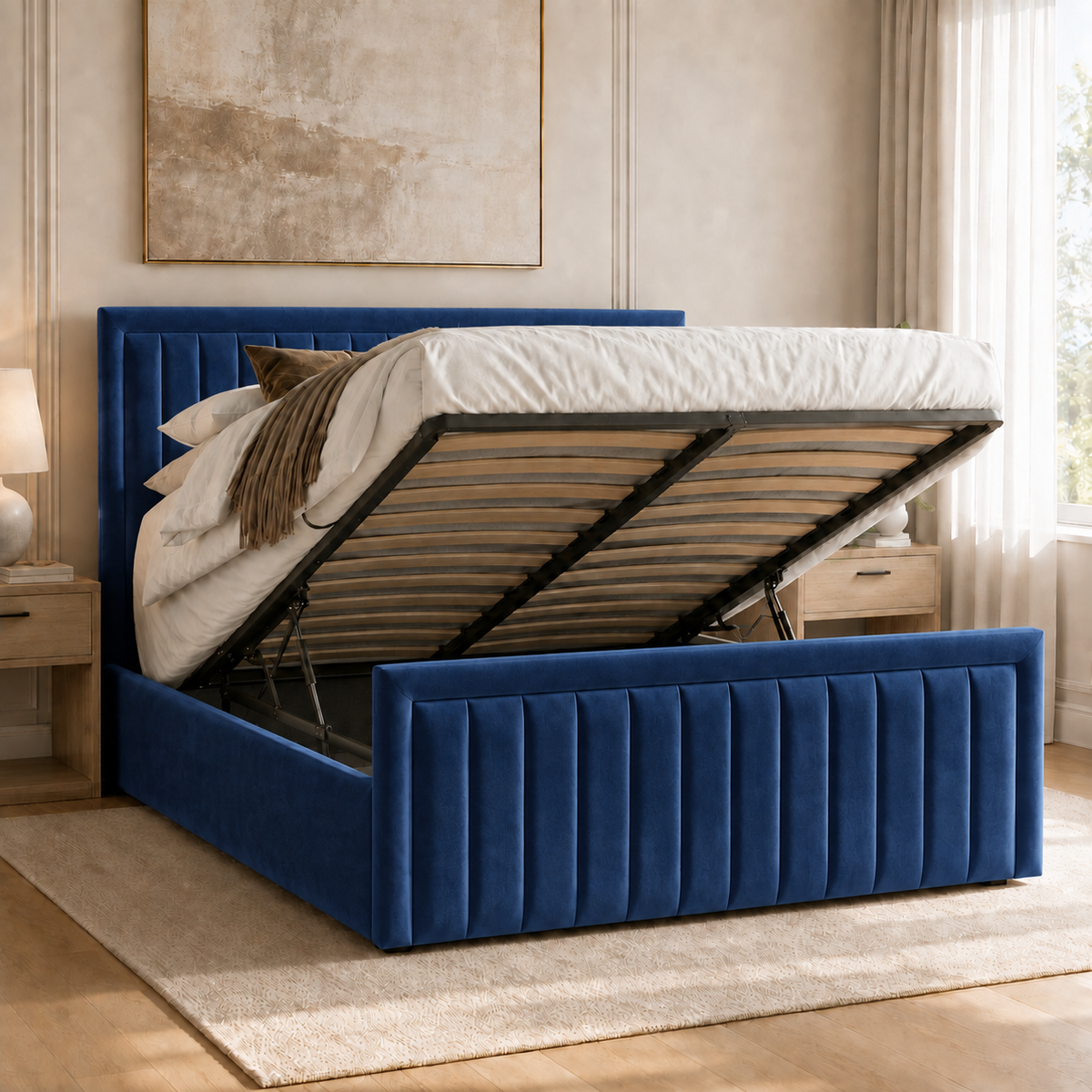 Belgravia plush velvet ottoman sleigh bed in navy - secondary view