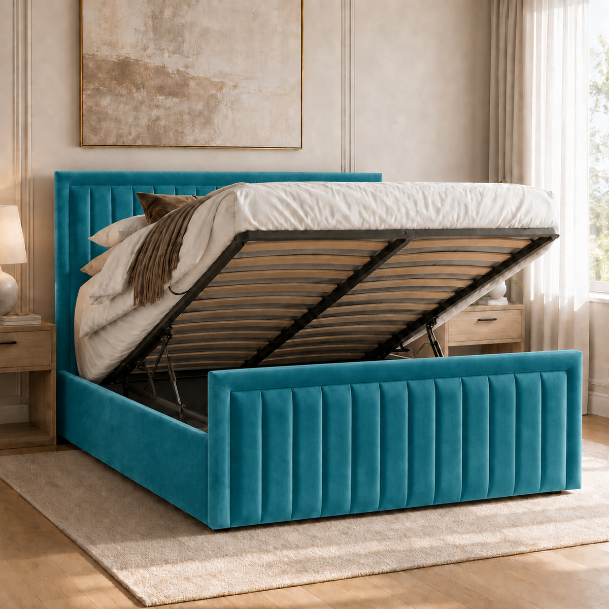 Belgravia plush velvet ottoman sleigh bed in turquoise - secondary view