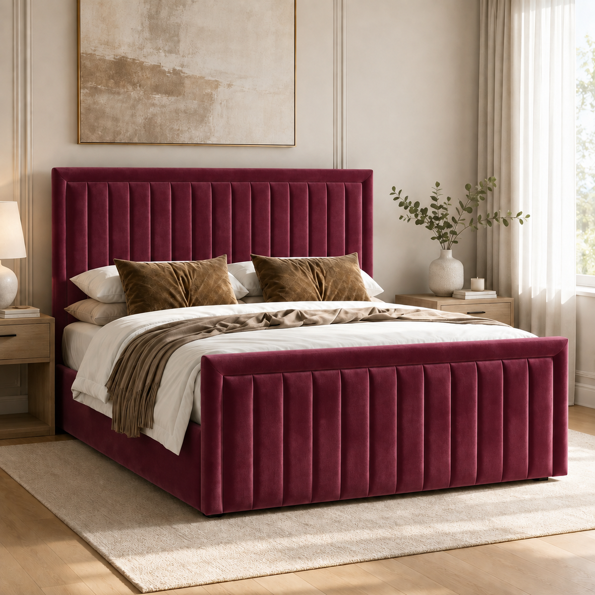 Belgravia plush velvet ottoman sleigh bed in wine