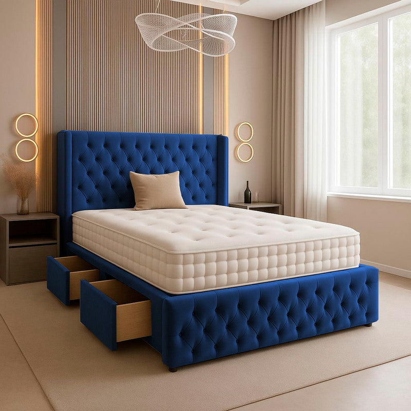 Chesterfield Plush Velvet Divan Bed, Winged Headboard