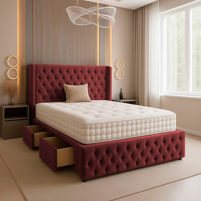 Chesterfield Plush Velvet Divan Bed, Winged Headboard