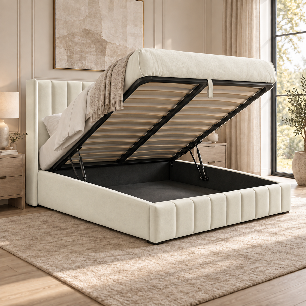 Kensington plush velvet ottoman sleigh bed in cream - alternate view
