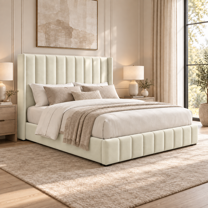 Kensington plush velvet ottoman sleigh bed in cream