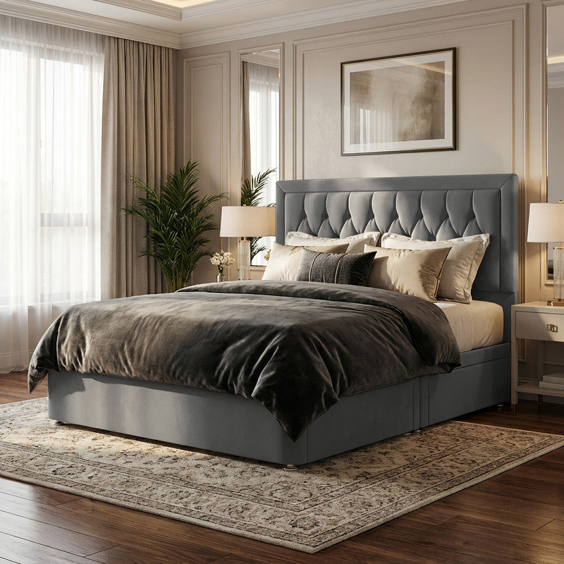 Diamond Cut Bumper Plush Velvet Divan Bed, 50" Headboard