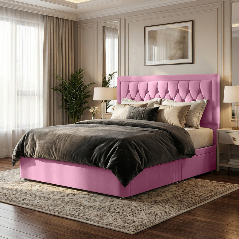 Diamond Cut Bumper Plush Velvet Divan Bed, 50" Headboard