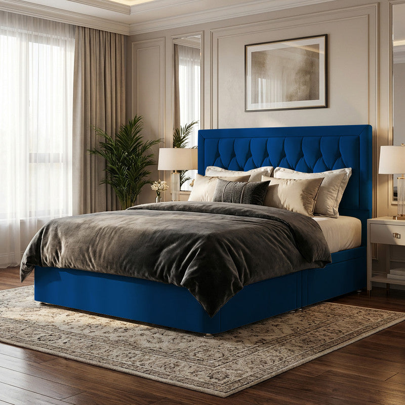 Diamond Cut Bumper Plush Velvet Divan Bed, 50" Headboard