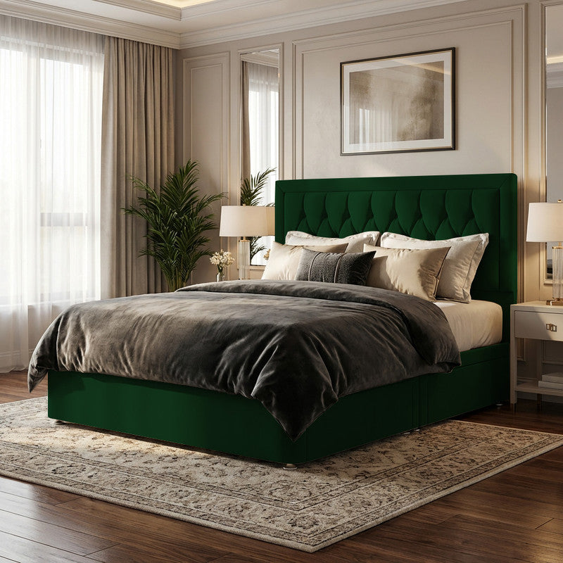 Diamond Cut Bumper Plush Velvet Divan Bed, 50" Headboard